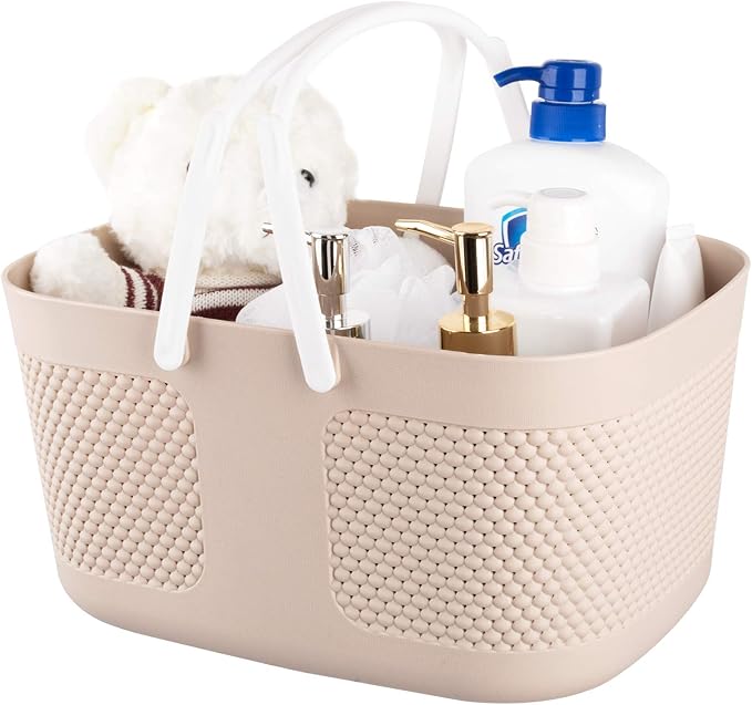 Shower Caddy Basket, Portable Large Capacity Thickened Plastic Organizer Storage Tote with Handles Drainage Toiletry Bag Bin for Bathroom, College Dorm Room Essentials, Kitchen, Camp, Gym, Khakis by rejomiik