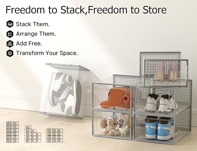 Kuject XX-Large Shoe Storage Boxes Organizers Clear Plastic Stackable 12 Pack, Shoe Rack & Holder Substitute, Sneaker Containers, Shoe Storage Organizer Bins for Closet, Under Bed, Grey(No Fold Line) - Image 6