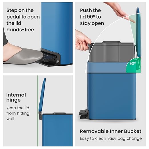 Cesun Small Bathroom Trash Can with Lid Soft Close, Step Pedal, 6 Liter / 1.6 Gallon Stainless Steel Garbage Can with Removable Inner Bucket, Anti-Fingerprint Finish (Blue) - Image 6