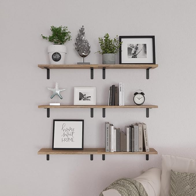 WOPITUES Wood Floating Shelves Set of 6, Shelves for Wall Decor, Farmhouse Shelf for Bedroom, Bathroom Storage Shelves, Book Shelves for Living Room - Rustic Brown - Image 6