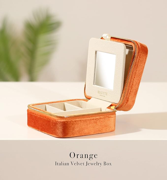 BLUTETE Travel Jewelry Box Organizer Velvet Travel Case With Mirror Rings Earrings Necklaces Storage Organizer Box (Orange) - Image 4