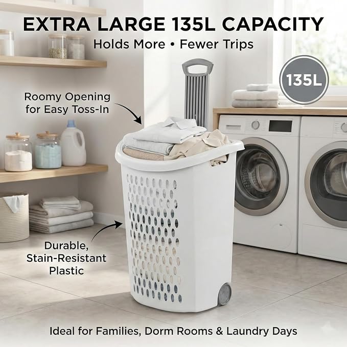 Wheeled Plastic Laundry Hamper,Ultra Wheeled Design Clothes Laundry Basket,Extra Large 135L Pull Handle & Side Grips Plastic Ventilated Clothes Basket for Home, Dorm, or Apartment - Image 5