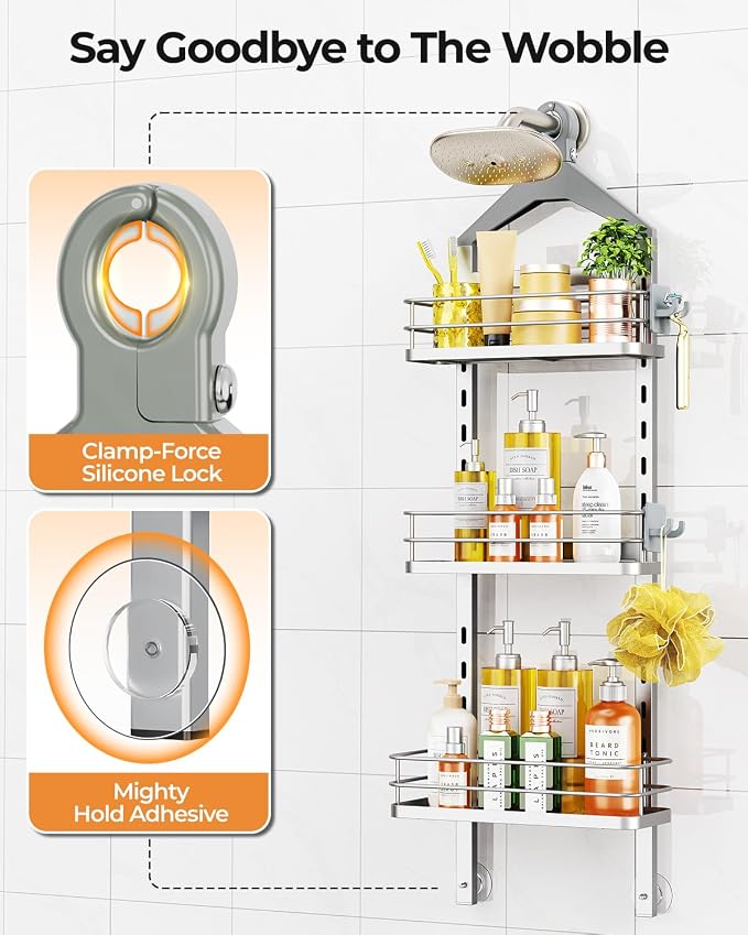 ODesign 3 Tier Height-Adjustable Shower Caddy Hanging Anti-Swing-Over The Shower Head Caddy-Storage Organizer Bathroom Shelves Basket-Silver - Image 5