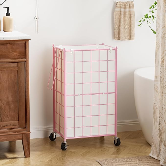 WOWLIVE Laundry Hamper with Wheels,Metal Wire Frame Rolling Laundry Basket with Removable bag,100L Dirty Clothes Hamper Organizer Dorm Room Storage for Bedroom,Bathroom,Pink - Image 3