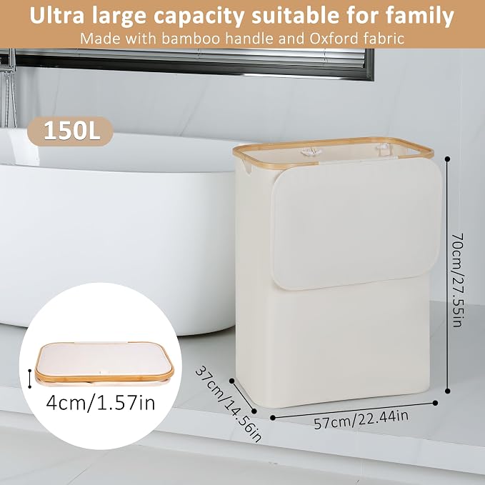 iEGrow 150L Laundry Basket with Lid, Large Laundry Hamper with Bamboo Handle, Collapsible Dirty Clothes Hamper Organizer with 2 Removable Inner Bags for Clothes Toys Towels - Beige - Image 2