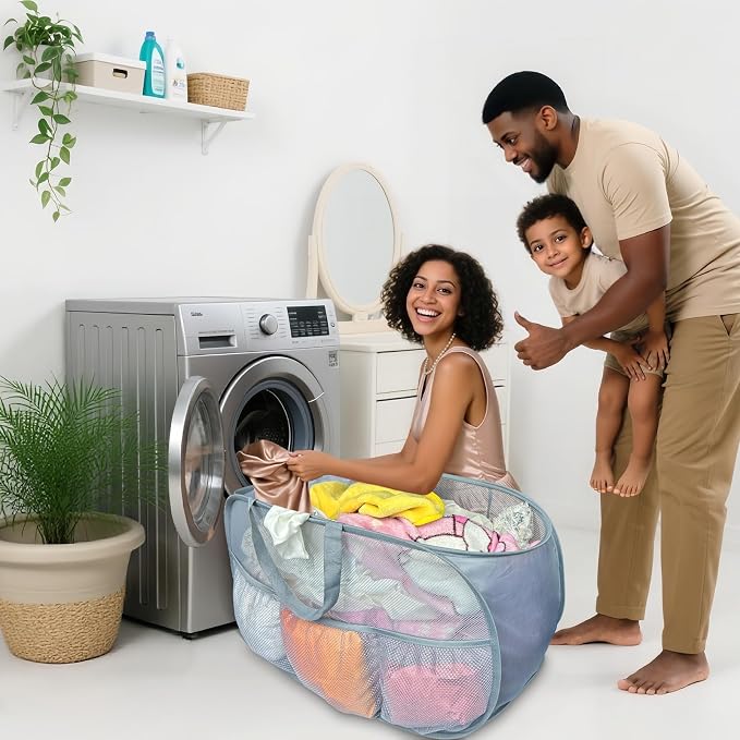 Collapsible Laundry Baskets 2 Pack, Mesh Pop Up Hamper with Handles, Portable Stair Basket, Dorm or Room Folding Bin, Dirty Clothes Hamper Light Breathable. Grey. 2H - Image 2