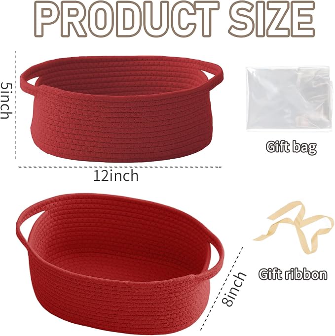 JMvicyroam Woven Basket,Small Rope Storage Bin with Handles & Ribbon Bag, Organizer for Shelves Closets,Gift Basket Empty for Birthday,Books,Dog Toys, Red/2 Pack - Image 2