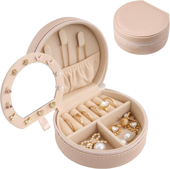 ProCase Travel Size Jewelry Box, Mini Portable Seashell-Shaped Jewelry Case with Mirror, 2 Layer Organizer in PU Leather for Women -Champagne by ProCase