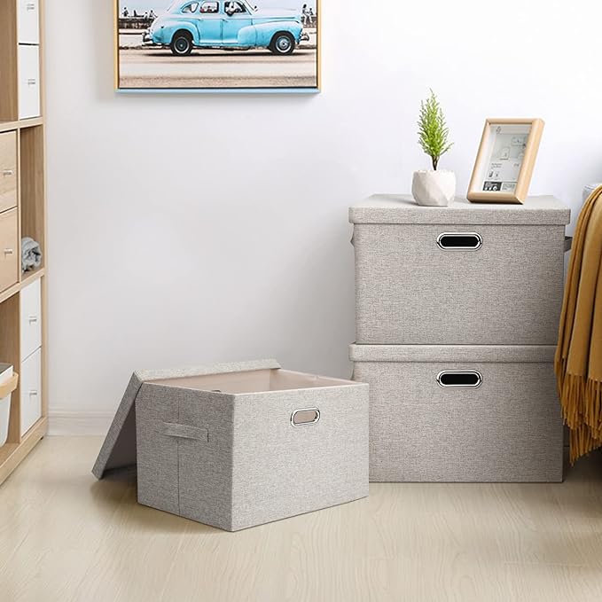 Graciadeco Large 17 36 Quart Collapsible Stackable Storage Bins with Lids, 1 Pack Beige Foldable Fabric Closet Storage Boxes with Lids, 4 Handles Toy Heavyduty Dark Gray Linen Storage Cube Box - Image 6