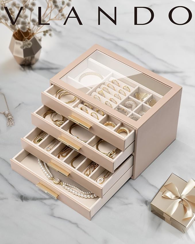 VLANDO 4 Layer Jewelry Box for Women, Mothers Day Gifts for Women, Glass Lid Jewelry Organizer with 4 Drawers for Necklaces Rings Earrings Bracelets - Toffee - Image 7
