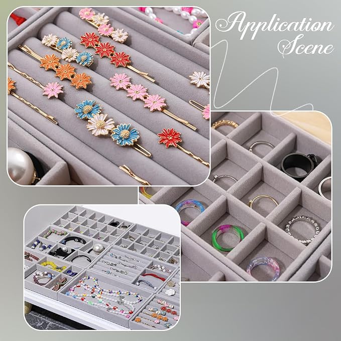 2Pcs 5 x 8.3 Inch 18 Grid Jewelry Tray Drawer Insert Velvet Earring Organizer Display Case Storage with Removable Divider Container Box for Rings Watch Necklace Trinket Holder Showcase Gray - Image 5