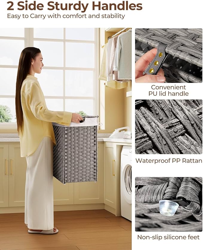 Greenstell Laundry Hamper with lid, No Install Needed, 110L Wicker Laundry Baskets Foldable 2 Removable Liner Bags, 2 Section Clothes Hamper Handwoven Rattan Laundry Basket with Handles, Gray - Image 4
