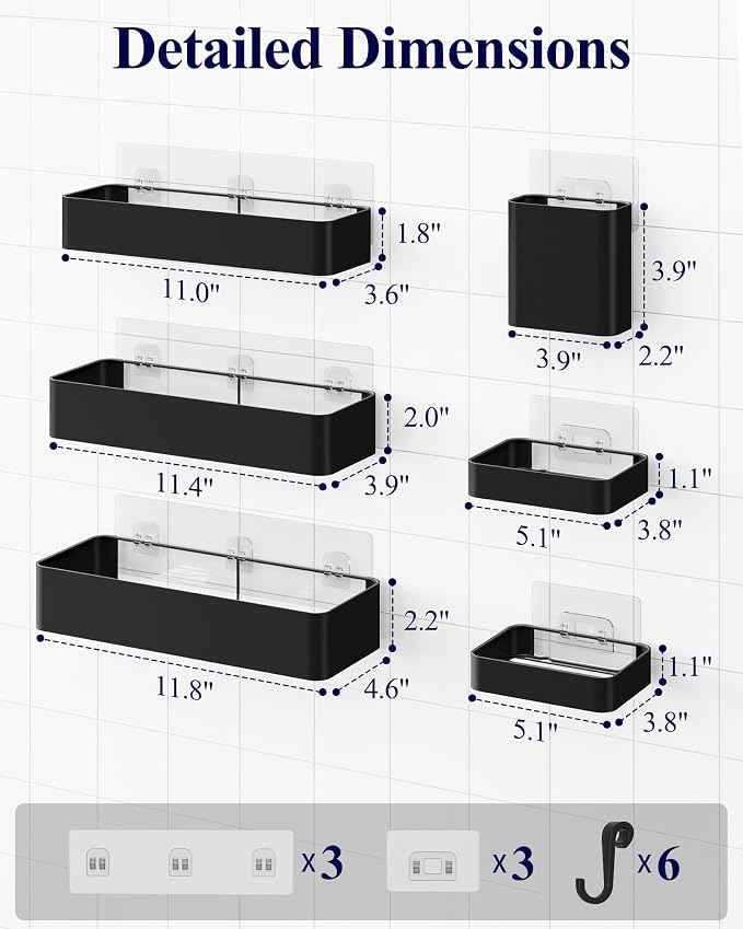 Kitsure Shower Caddy Adhesive - 6-Pack, No-Drilling Shower Shelves with Soap Holder, Toothbrush Holde, 6 Hooks, Rustproof & Stylish Bathroom Organizers and Storage Solution, Black, Large - Image 5