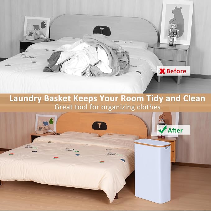 iEGrow 60L Slim Laundry Hamper, Narrow Laundry Basket with Lid,Foldable Clothes Hamper with Bamboo Handles,Hamper Basket with Removable Inner Bag for Laundry Room Bedroom College Dorm,15.85 Gals White - Image 3