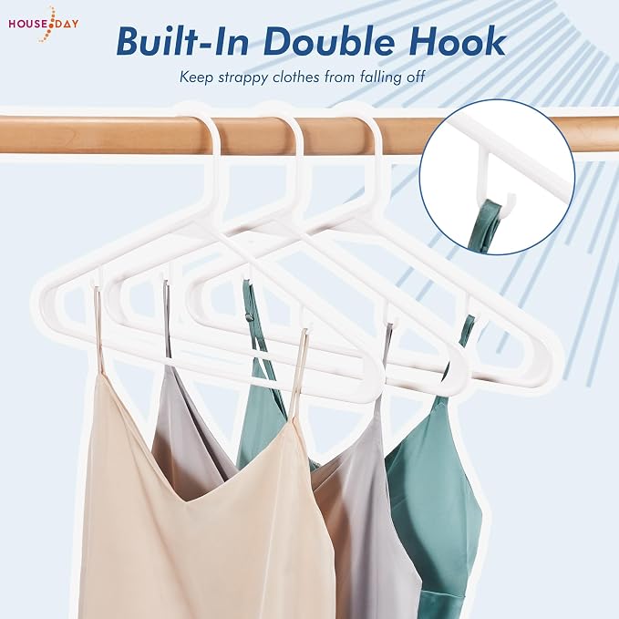 HOUSE DAY White Plastic Hangers 100 Pack, Plastic Clothes Hangers with Built-in Hooks, Durable and Strong Coat Hangers for Closet, Space Saving Clothing Hanger for Shirts, Coats, Skirt, Dress - Image 5