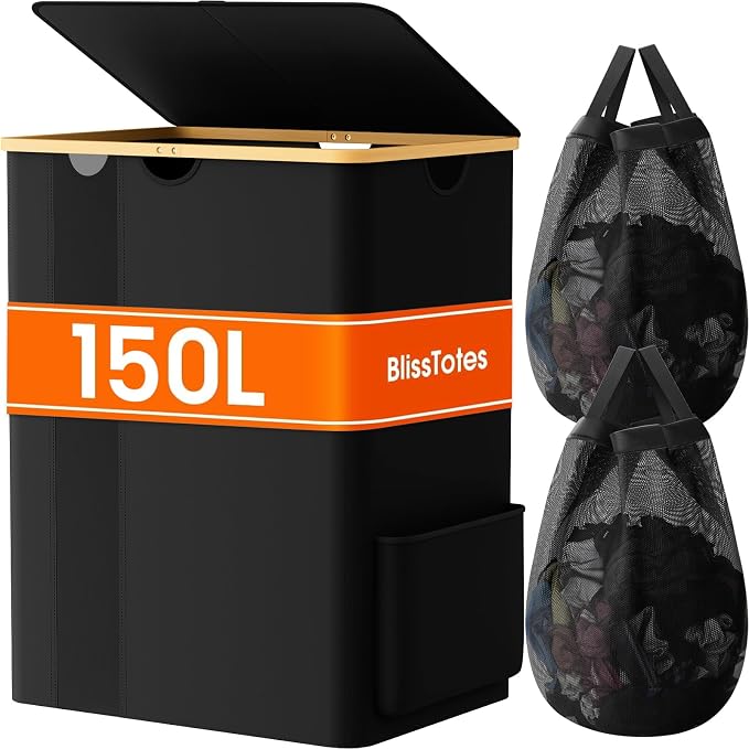 BlissTotes Laundry Basket with Lid, 150L Clothes Laundry Hamper with Handles and 2 Removable Laundry Bags, Breathable Design Hamper with Lid for Bedroom, Bathroom, Dorm, Laundry Room -Black by BlissTotes
