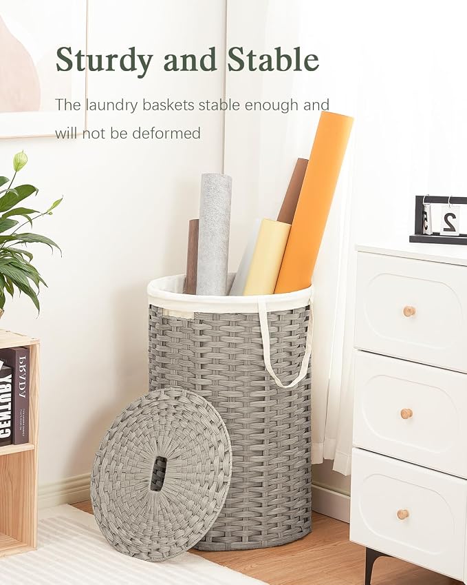 SETVSON Large Laundry Hamper Laundry Basket Round 34.3 Gal (130 L) Handwoven Wicker Laundry Baskets Rattan Laundry Basket with Laundry Bag Handles 2 Mesh Bags for Living Room Bedroom Gray - Image 6
