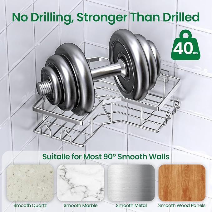 Adhesive Shower Caddy, 2 Pack Corner Bath Organizer, Rustproof Stainless Steel Shower Shelves with Large Capacity, No Drilling Shelves for Bathroom Storage, Home, Kitchen Decor (Silver). - Image 3