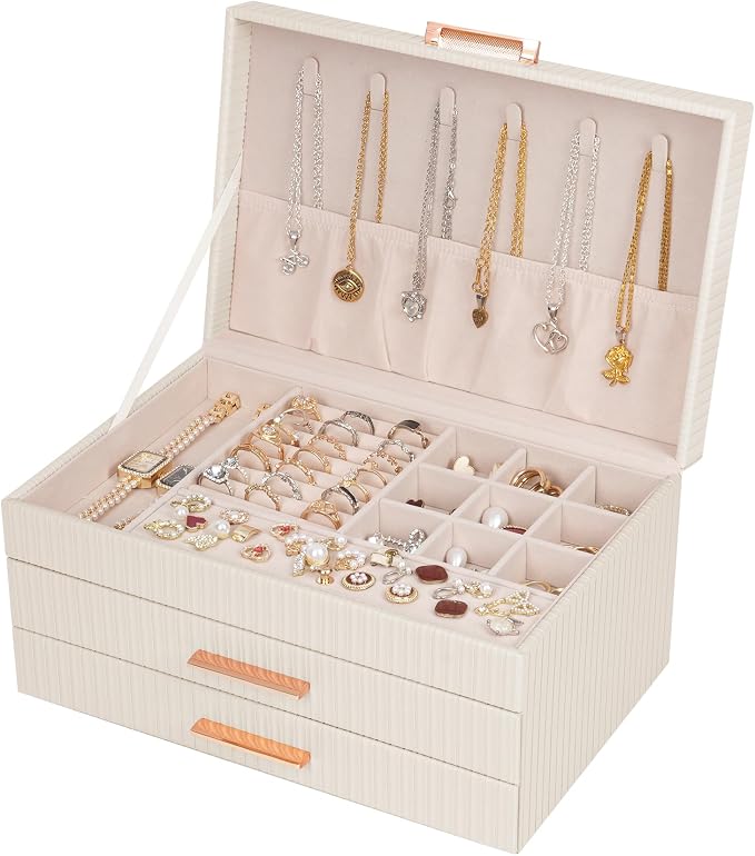 Dajasan Jewelry Box Organizer, 3-Tier Jewelry Storage Organizer with 2 Drawers, Large Jewelry Boxes for Women, PU Leather Surface with Texture, Gift Idea, Modern Style (Beige) by DAJASAN