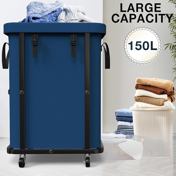 40 Gal(150L) High Grade Large Laundry Basket with Wheels, Rolling Laundry Hamper, Laundry Cart with Metal Frame and Removable Bag Design, Suitable for Laundry Room, Bedroom (Dark Blue, 150L) - Image 2
