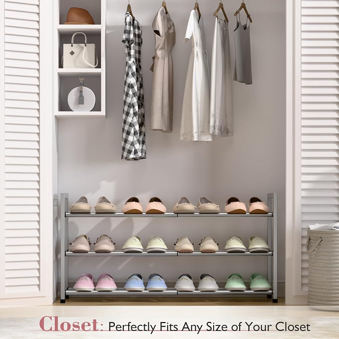 Bumusty 3-Tier Expandable Shoe Rack for Closet, 18“-33” Adjustable Shoe Rack for Small Space, Small Shoe Organizer for Front Door, Sturdy Metal, Light Grey - Image 2