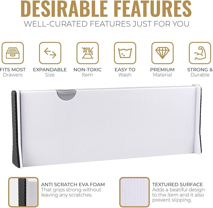 RAPTUROUS Adjustable Deep Drawer Divider – 5" Tall, Expandable 13-22", 10-Pack, Non-Slip Drawer Dividers for Clothes, Dresser, Kitchen & Office Organization (White) - Image 3