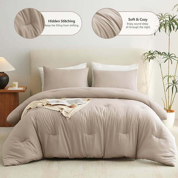 CozyLux Queen Comforter Set Wheat, 3 Pieces Solid Comforters Queen Size Breathable Quilted Bedding Sets, Luxury Soft Lightweight Bed Set with Down Alternative Comforter and 2 Pillowcases All Seasons
