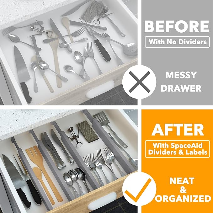 SpaceAid 4 Pack Bamboo Drawer Dividers with Labels, Kitchen Adjustable Drawer Organizers, Expandable Organization for Home Clothes Dressers (17-22 in, Gray) - Image 2