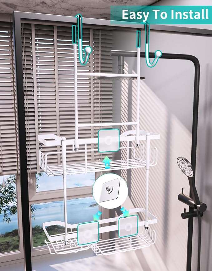 HapiRm Hanging Shower Caddy Over the Door with Soap Holder, No Drilling Adhesive Shower Organizer with 11 Hooks, Rustproof & Waterproof 304 Stainless Steel Bathroom Shelves - White - Image 4