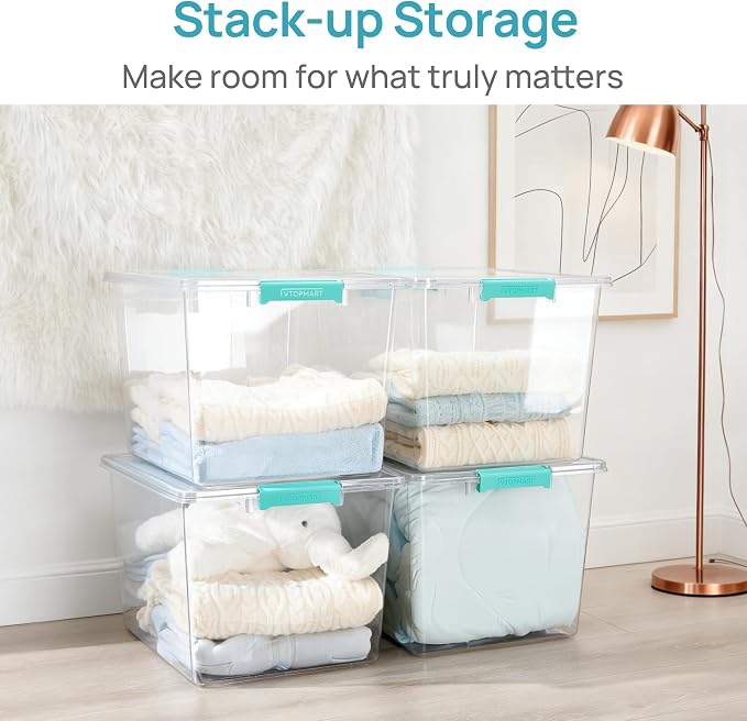 Vtopmart 2 Pack 72 QT Crystal Clear Storage Bins with Lids, 4 Pack Stackable Plastic Large Latching Boxes Totes Tubs Container for Closet Organizers and Storage, Bedroom, Clothes, Bedding - Image 4