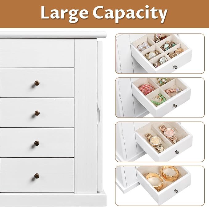Emfogo Jewelry Box for Women, 5 Layer Large Wood Jewelry Boxes & Organizers for Necklaces Earrings Rings Bracelets, Rustic Jewelry Organizer Box with Rattan, Drawers and Mirror(Vintage White) - Image 5