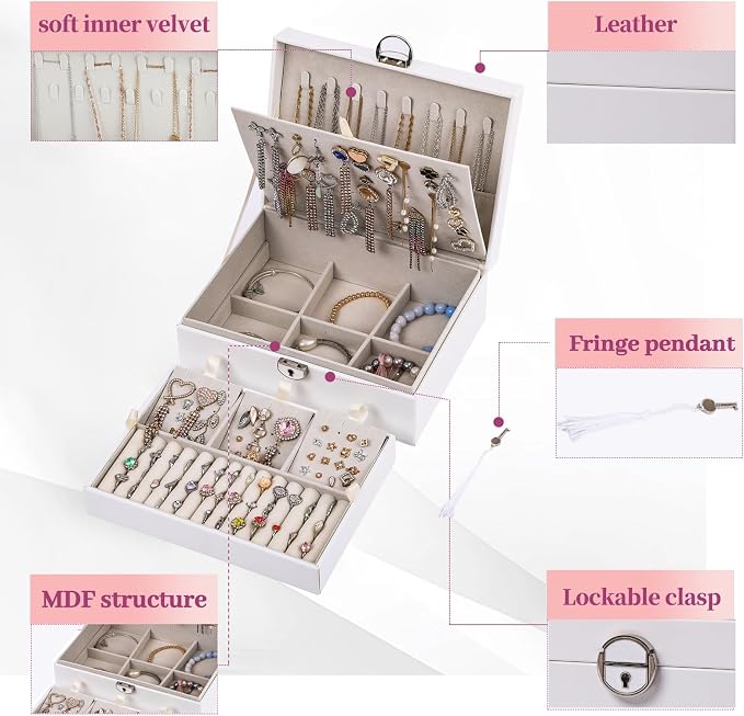 BOOVO Earring Jewelry Box For Women Girl Stud Organizer, 4 Layers Girl Jewelry Organizer Box With Lock Earring Holder Organizer Necklace Ring Jewelry Organizer Box For Girls (White, 4 layer) - Image 3