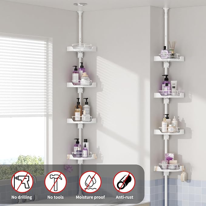 360° Rotating Shower Caddy Tension Pole, 4 Tiers Corner Shower Organizer for Bathroom Shelf Bathtub, Adjustable Standing Shower Rack Bathroom Accessories, Easily Assemble, 34-124 Inch Height, White - Image 5