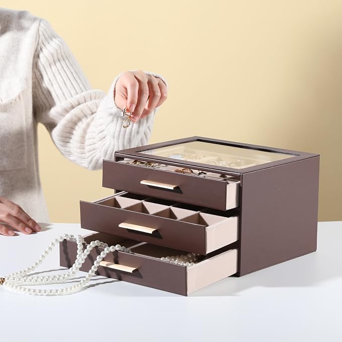 Frebeauty Clear Lid Jewelry Box,3-Layer Jewelry Organizer with Drawer,PU Leather Jewelry Organizers and Storage,Jewelry Boxes for Women,Jewelry Storage for Rings Earring Stud,Gift for Women(Brown) - Image 2