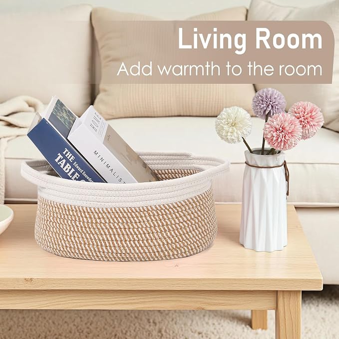 JMvicyroam Woven Basket,Small Rope Storage Bin with Handles & Ribbon Bag, Organizer for Shelves Closets,Gift Basket Empty for Birthday,Books,Dog Toys, White&Brown Block/3 Pack - Image 7