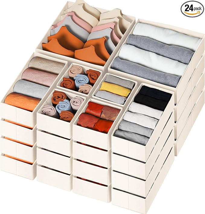 Criusia Drawer Organizer Clothes, 24 Pack Dresser Organizer Bins for Nursery Bedroom, Closet Organization and Storage Dividers for Clothing, Baby Clothes, Underwears, Socks (Beige) by Criusia