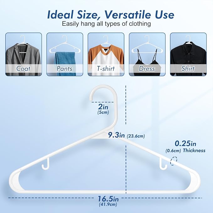 HOUSE DAY White Plastic Hangers 40 Pack, Plastic Clothes Hangers with Built-in Strap Hooks, Space Saving Slim Hanger for Closet Organizers and Storage, Durable Clothing Hanger for Shirts Blouses Tops - Image 2