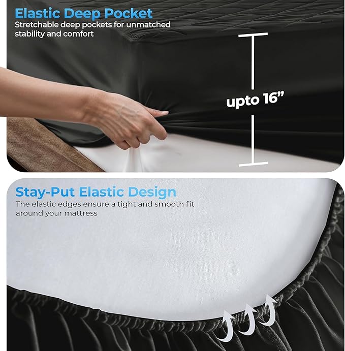 LUX Décor Twin Mattress Pad - Quilted Elastic Fitted Mattress Cover Protector Upto 16 Inches Deep Pocket - Soft Breathable Noiseless Mattress Topper (Black “39 X 75”)