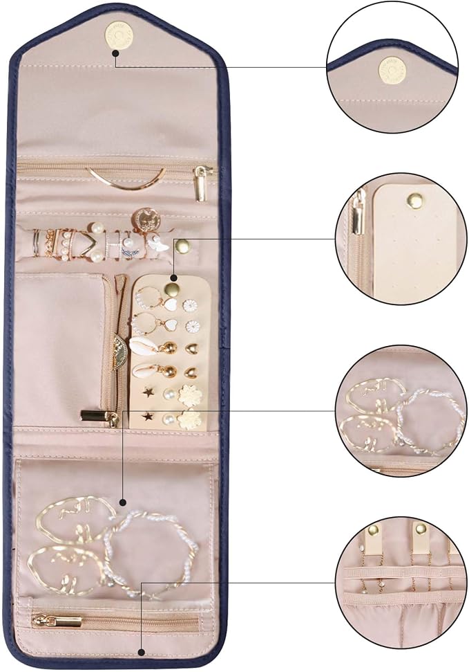 BAGSMART Travel Jewelry Organizer Case Foldable Jewelry Roll for Journey Rings, Necklaces, Earrings, Bracelets,Mini,Smokey Blue - Image 7