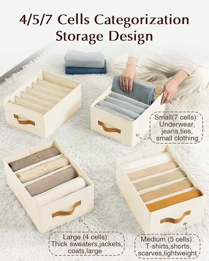 Homsorout Clothes Organizers and Storage - 4/5/7 Grids Fabric Jeans Organizer with Handles, Foldable Closet Organizers Dividers, Wardrobe organizer for Pant, Sweater, T-shirt, Scarf, 3 Pack, Beige - Image 2