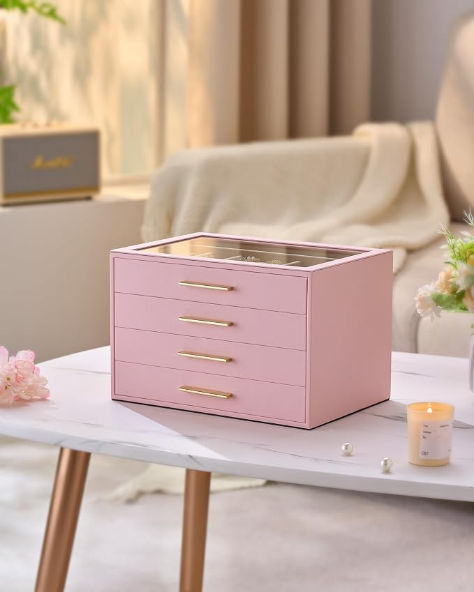 pickpiff Jewelry Box Organizer Case for Women: 4-Layer Jewelry Storage Case with Glass Window, Pink Leather with Velvet Holder for Ring Necklace Bracelet Brooch Watch, Great Gift for Her - Image 9