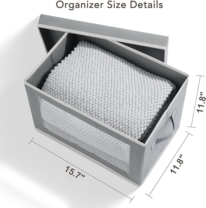 Homsorout Large Storage Bins with Lids - Stackable Cube Bins for Closet, 4 Pack Clear Windows Fabric Organizer Bins, Home Organizers and Storage for Clothes, CD, Towels, Grey - Image 6