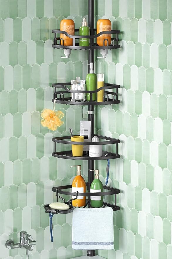 HAMITOR Corner Shower Caddy Tension Pole: Rustproof Stable 4-Tier Bathroom Organizer Shelves for Bathtub Shampoo Storage - 47-121 Inch Quick Install Adjustable Standing Rack with Soap Rack - Black by HAMITOR