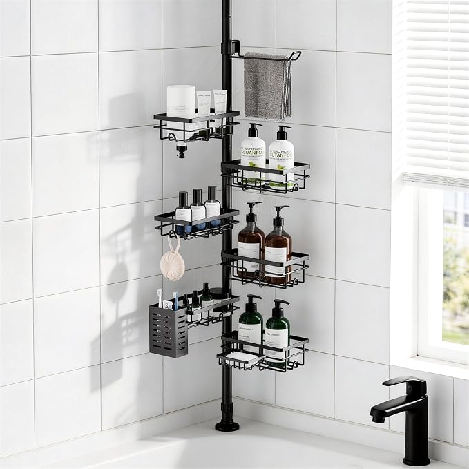 Shower Caddy Organizer Tension Pole, Rustproof 6-Pack Corner Shelf with 30-120 Inch Adjustable Shower Rack for Inside Shower, Extra Towel Bar & Soap Dish for Bathroom Organizers and Storage, Black by Vatex