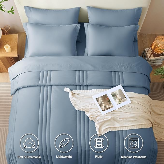 CozyLux Queen Comforter Set - 7 Pieces Bed in a Bag Grayish Blue Comforter Set with Sheets Luxury Bed Set All Seasons, Soft Bedding Set with Down Alternative Comforter, Sheets, Pillowcases & Shams