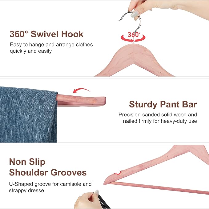 HOUSE DAY Cedar Hangers for Closet 30 Pack, Smooth Cedar Wood Hangers with Rings, 360° Swivel Hook, U-Shape Notched, Non Slip Pant Bar, Sturdy Wooden Clothes Hanger for Coats, Dresses, Suits - Image 6