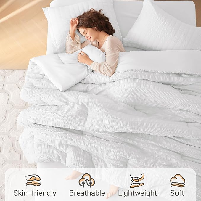 MUXHOMO 7 Pieces Full Comforter Set, Seersucker Bed in a Bag Full Size, All Season Luxury Bedding Set with Comforter, Flat Sheet, Fitted Sheet, Pillowcases & Shams, White