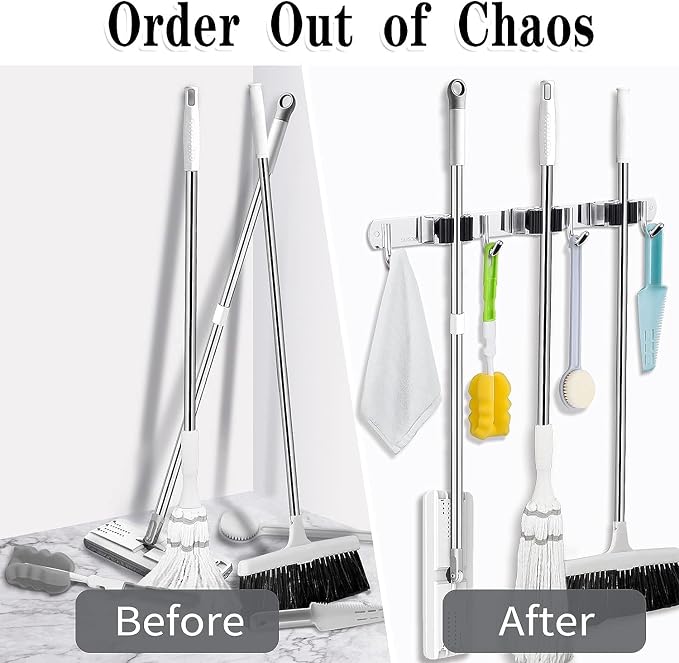 2 Pack 3 Racks and 4 Hooks Broom and Mop Holder Wall Mounted Garage Organizer Storage Tool Racks Stainless Steel Heavy Duty Hooks Self Adhesive Solid Non-slip Wall Hangers for Home Kitchen Garden - Image 6