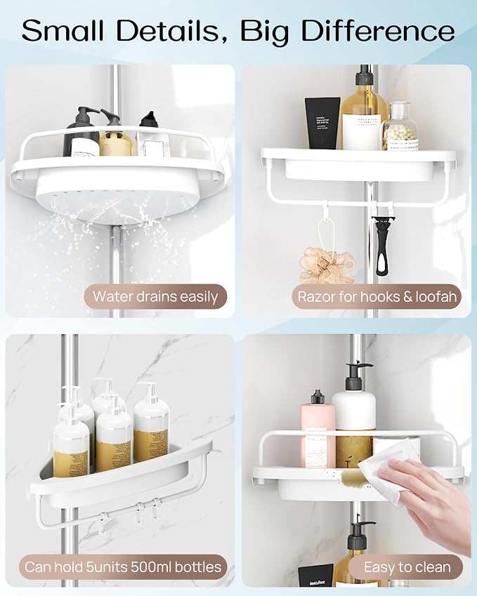 ALLZONE Corner Shower Caddy Tension Pole, Extendable Rustproof Stainless Steel Pole & 4-Tier Adjustable Shelves for Easy Drainage and Built-to-Last Stability, 34 to 116 Inches, White - Image 6
