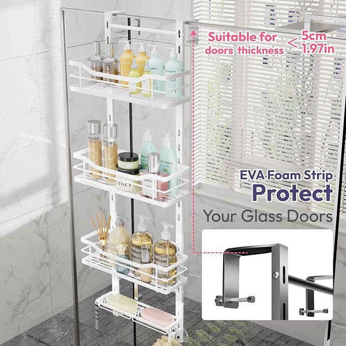 SWTYMIKI Over the Door Shower Caddy - 4 Tier Adjustable Shower Organizer Hanging with Soap Holder, No Drilling Stainless Steel Bathroom Rack Hanging for Body Wash, Shampoo, Soap, Razor, White - Image 4